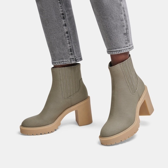 Dolce Vita Caster Heeled Ankle Booties Sage Canvas - Picture 1 of 10